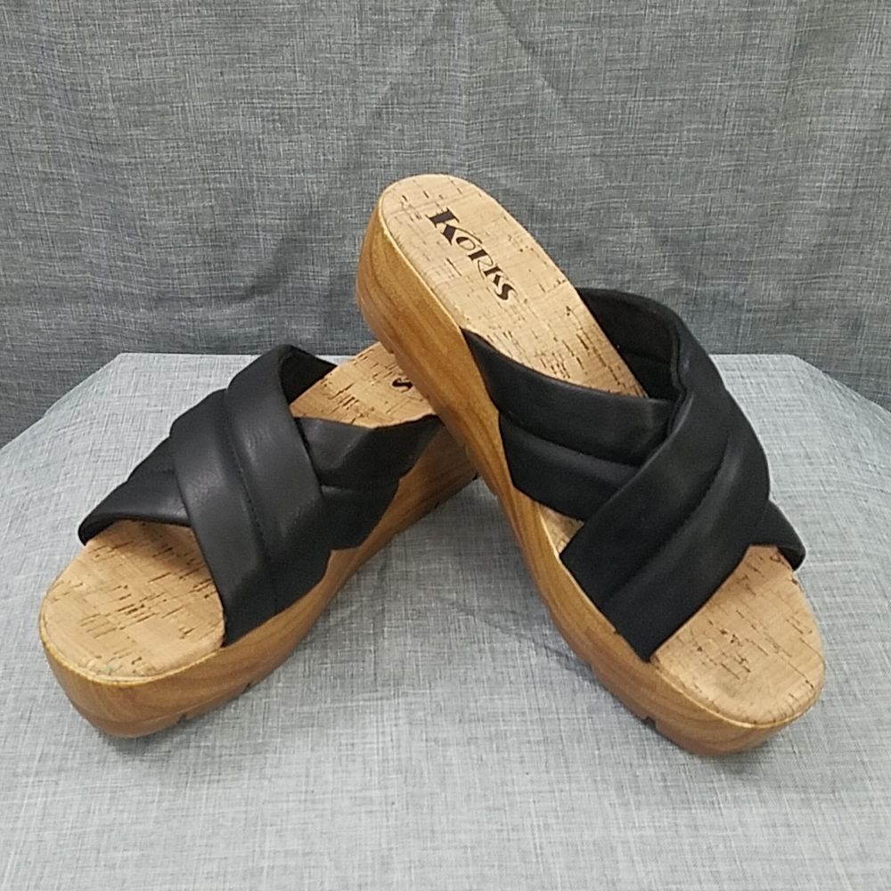 Korks Faithe Criss- Cross Platform Slide Sandal Leather BLK - Women's 9M